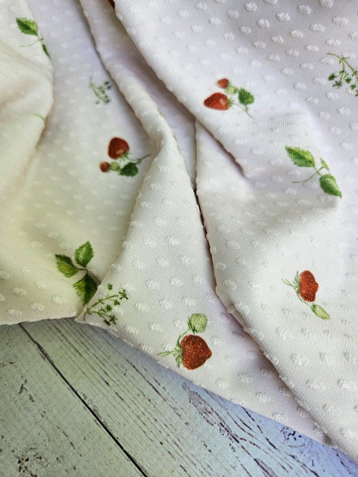 Exclusive Design- Barely Blush Watercolor Strawberry Print Swiss Dot Knit {by the half yard}