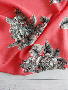 Bright Coral Line Drawn Floral Rayon Crepe {by the half yard}