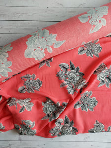 Bright Coral Line Drawn Floral Rayon Crepe {by the half yard}