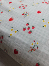 Light Blue Gingham & Strawberries Cotton Spandex Knit {by the half yard}