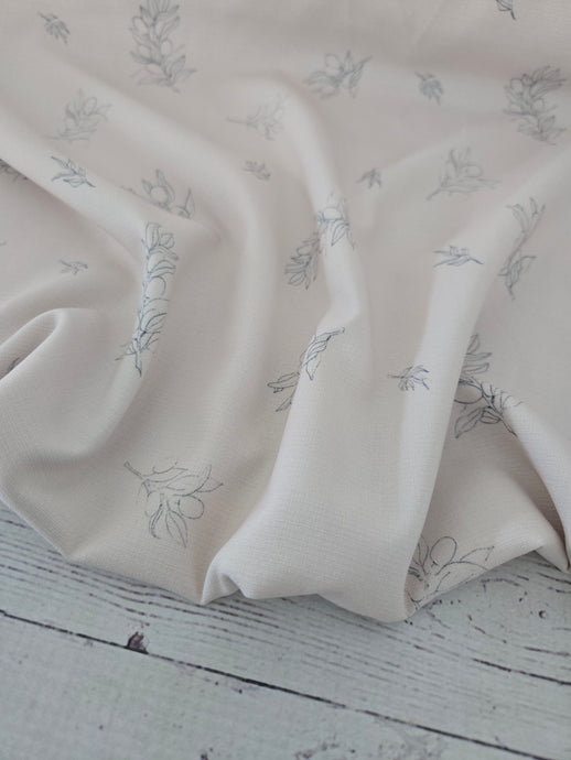 *REMNANT* 1.75 Yds- Exclusive Design- Cream & Black Line Drawn Olive Branch Print Polyester Slub