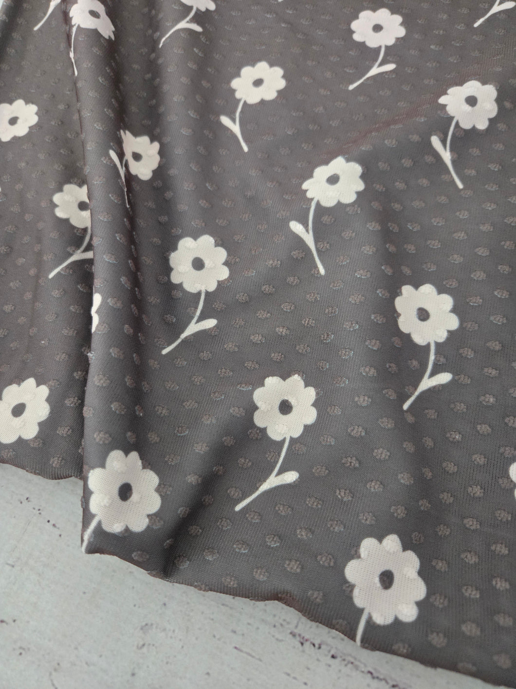 Olive Brown Symmetrical Floral Swiss Dot Knit {by the half yard}