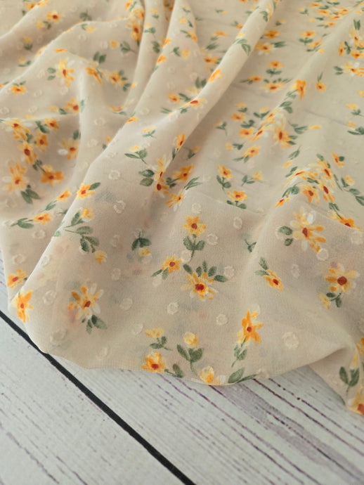 Tan Petite Sunflower Floral Swiss Dot Chiffon {by the half yard}