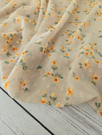 *REMNANT* 2 Yds- Tan Petite Sunflower Floral Swiss Dot Chiffon
