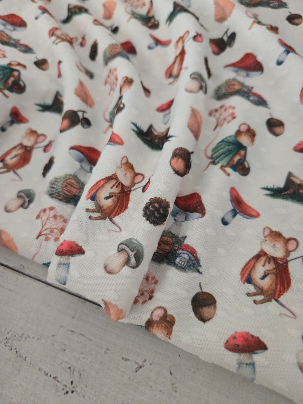 Mushroom & Mouse Print Swiss Dot Knit {by the half yard}