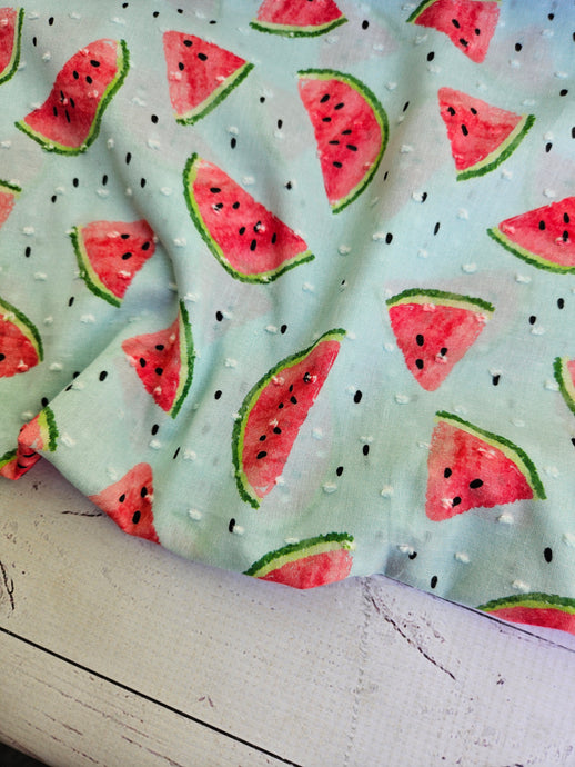 Light Blue Watermelon Print Swiss Dot Cotton {by the half yard}