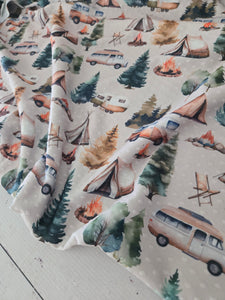 Exclusive Design- Light Stone Camping Scene Swiss Dot Knit {by the half yard}