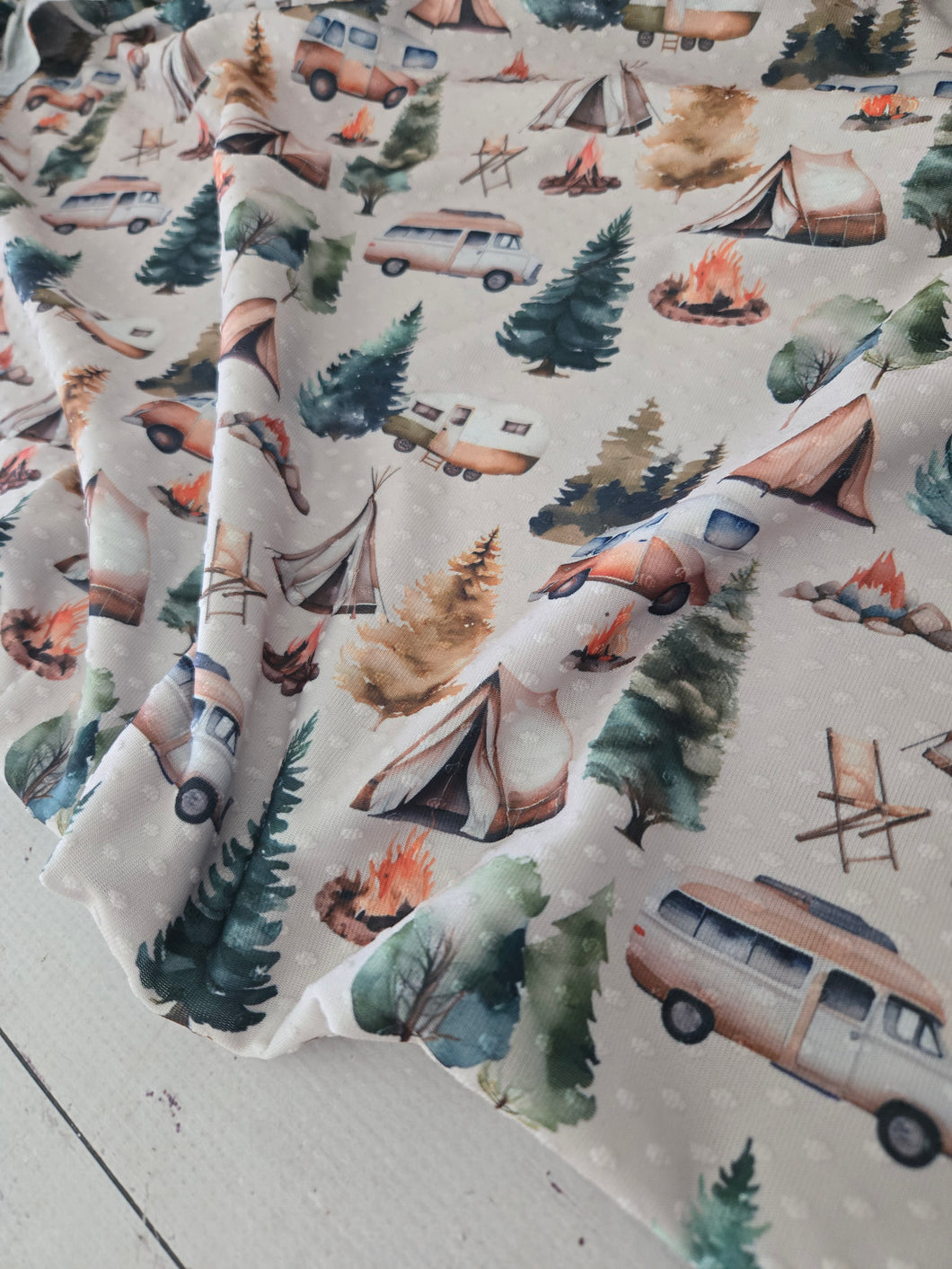 Exclusive Design- Light Stone Camping Scene Swiss Dot Knit {by the half yard}