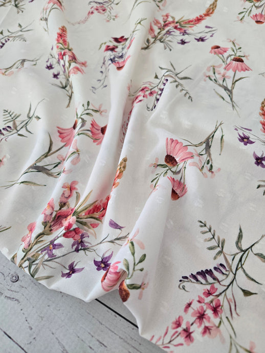 Exclusive Design- Cream Mixed Bouquet Floral Opaque Swiss Dot 100% Polyester {by the half yard}