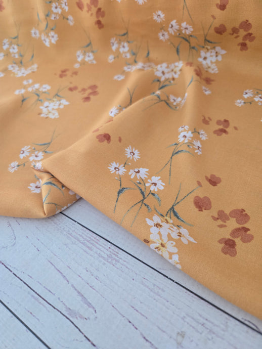 Mustard Daisy Floral Rayon Challis {by the half yard}