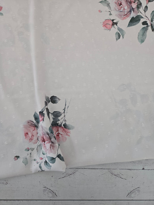 Exclusive Design- Cream & Rose Floral Opaque Swiss Dot 100% Polyester {by the half yard}