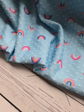 Light Blue Cheerful Rainbow Print Swiss Dot Knit {by the half yard}