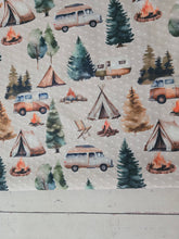 Exclusive Design- Light Stone Camping Scene Swiss Dot Knit {by the half yard}