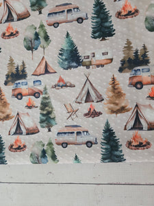 Exclusive Design- Light Stone Camping Scene Swiss Dot Knit {by the half yard}