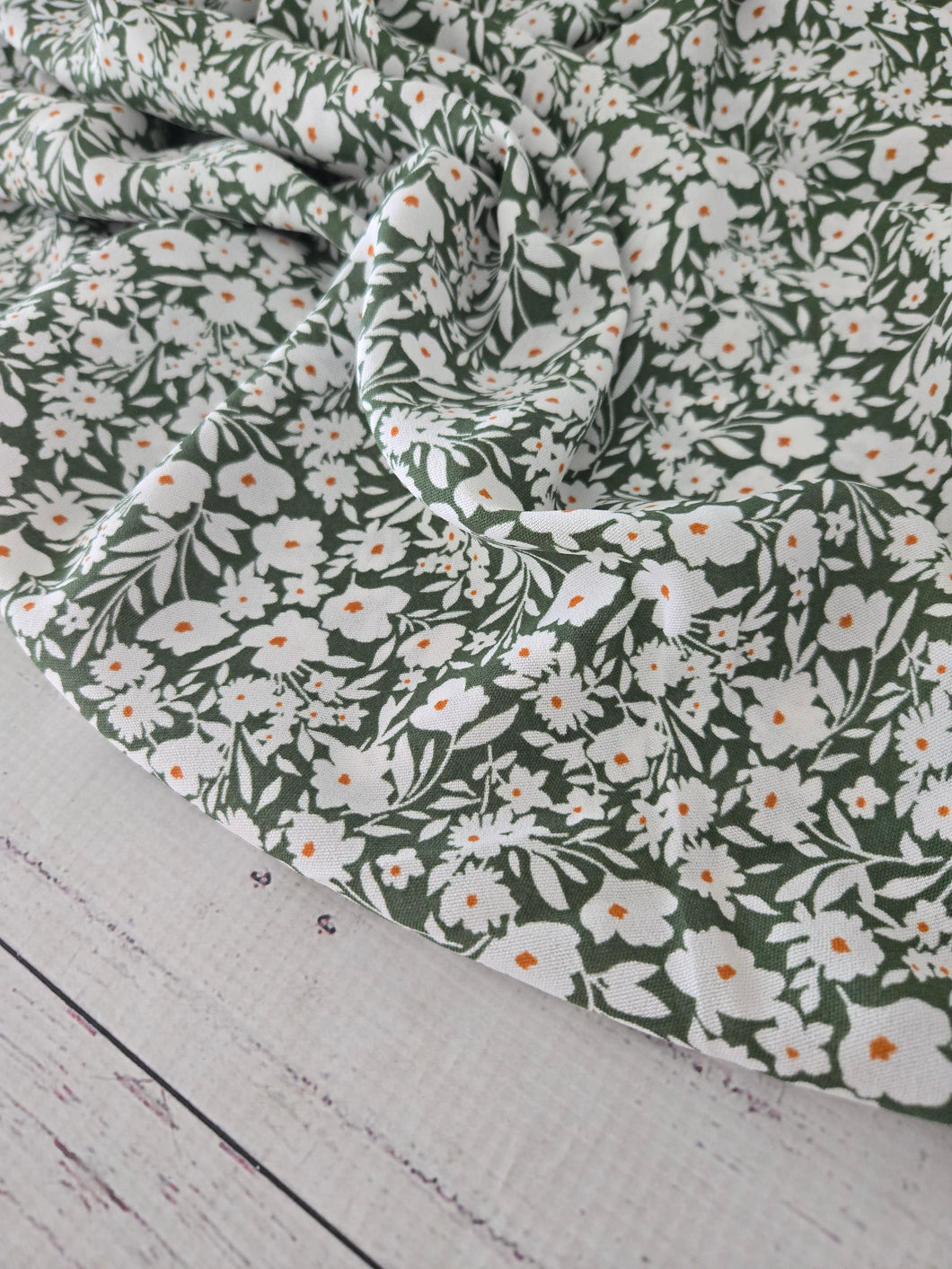 Medium Green & White Ditzy Floral Opaque Air Flow 100% Polyester {by the half yard}