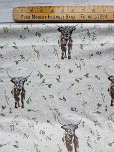 Exclusive Design- Creamy Tan Highlander Cow & Daisy Print Single Brushed Poly Knit {by the half yard}