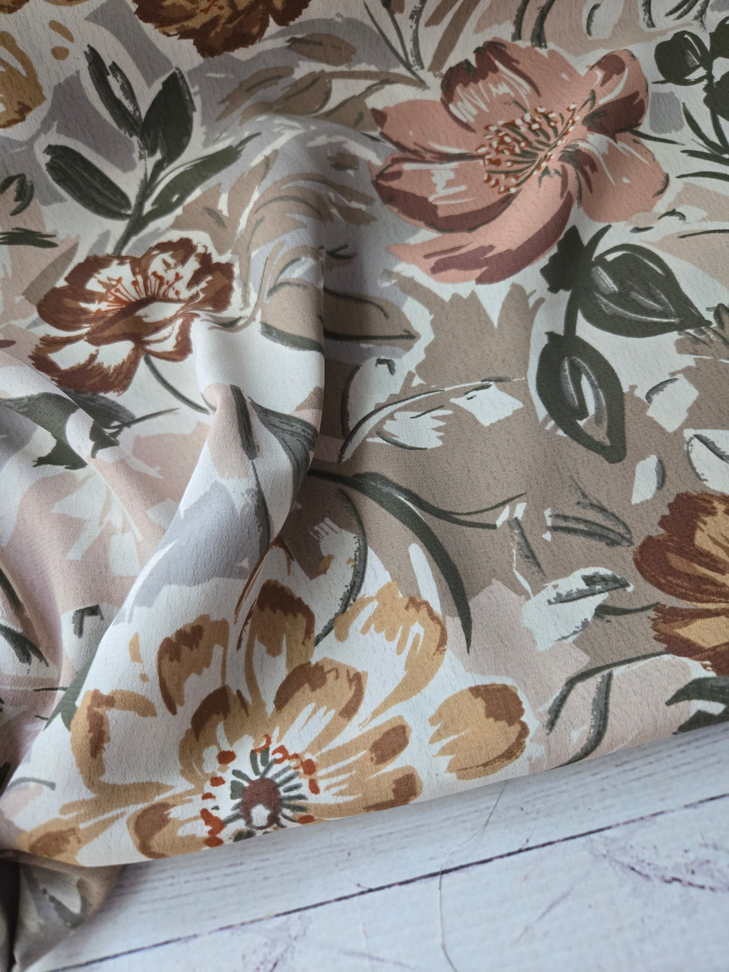 Earth Tones Large Floral Silky Polyester {by the half yard}