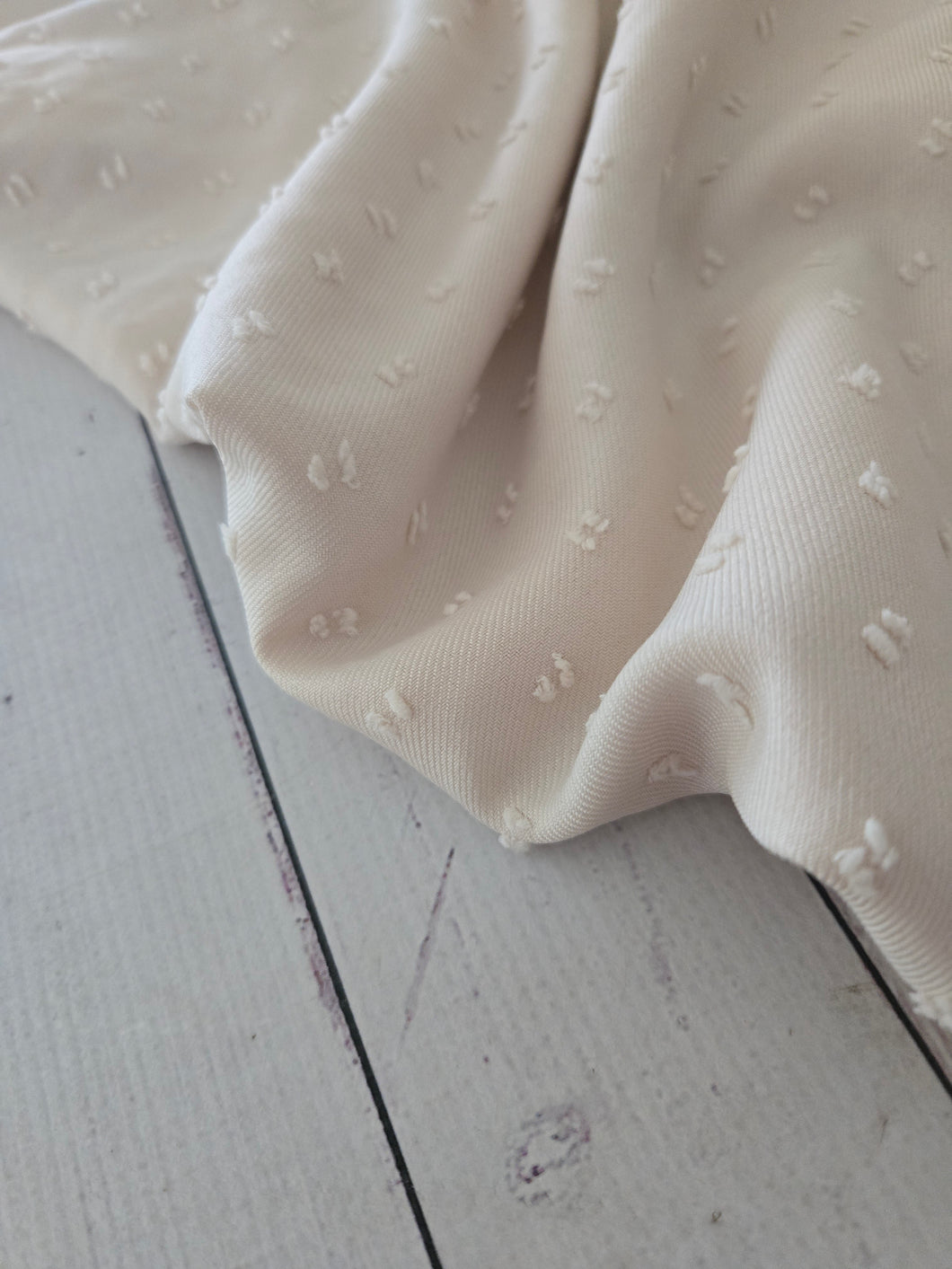 *REMNANT* 3.5 Yds- Cream Woven Look Opaque Swiss Dot 100% Polyester