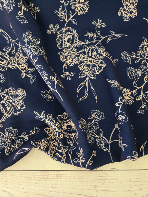 Exclusive Design- Navy & Cream Floral Outline Print {by the half yard}