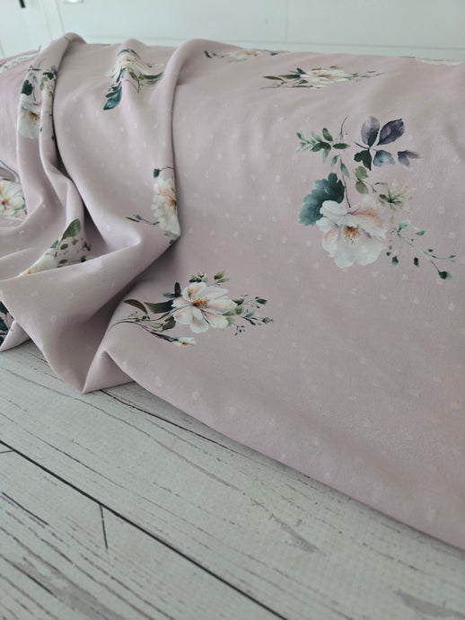 Exclusive Design- Mauve Floral Stems Opaque Petite Swiss Dot 100% Polyester {by the half yard}