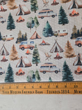 Exclusive Design- Light Stone Camping Scene Swiss Dot Knit {by the half yard}