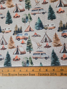 Exclusive Design- Light Stone Camping Scene Swiss Dot Knit {by the half yard}