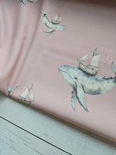Exclusive Design- Dusty Pink Whale & Ship Print Matte Athletic Knit {by the half yard}