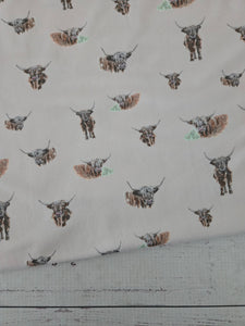 Exclusive Design- Light Tan Highland Cow Double Brushed Poly (DBP) Knit {by the half yard}