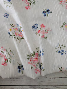White, Pink & Blue Butterfly Bouquet Print Swiss Dot Cotton {by the half yard}
