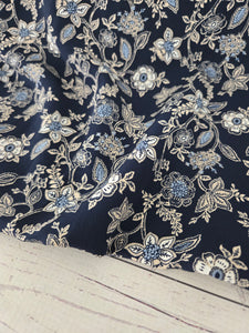 Navy & White Vines Silky Polyester {by the half yard}