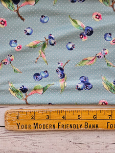 Exclusive Design- Aqua Pin Dot & Blueberries Print Single Brushed Poly Knit {by the half yard}