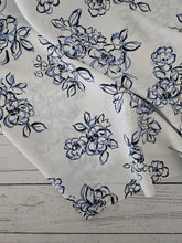White & Navy Outline Floral Silky Polyester {by the half yard}