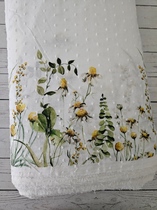 Yellow Floral Border Print Swiss Dot Cotton {by the half yard}