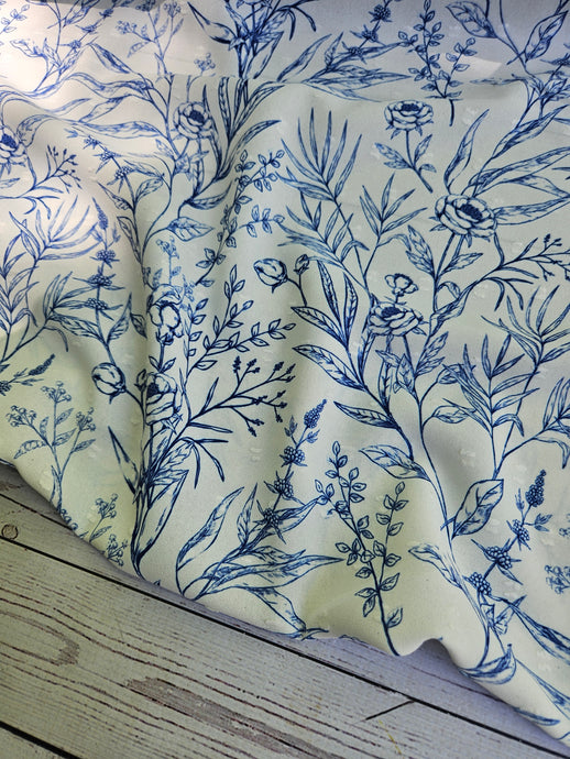 White & Blue Line Drawn Floral Opaque Swiss Dot 100% Polyester {by the half yard}