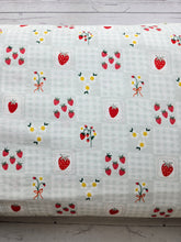 Light Blue Gingham & Strawberries Cotton Spandex Knit {by the half yard}