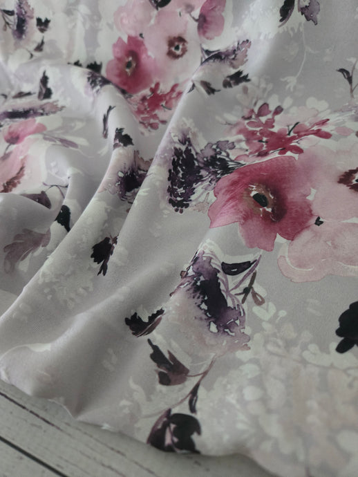 Gray, Pink & Mauve Floral Opaque Swiss Dot 100% Polyester {by the half yard}