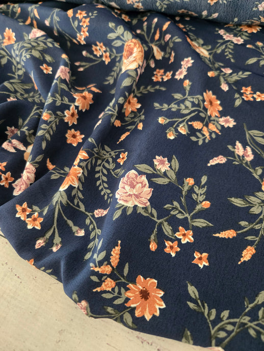 Navy & Rust Floral Vines Silky Polyester {by the half yard}