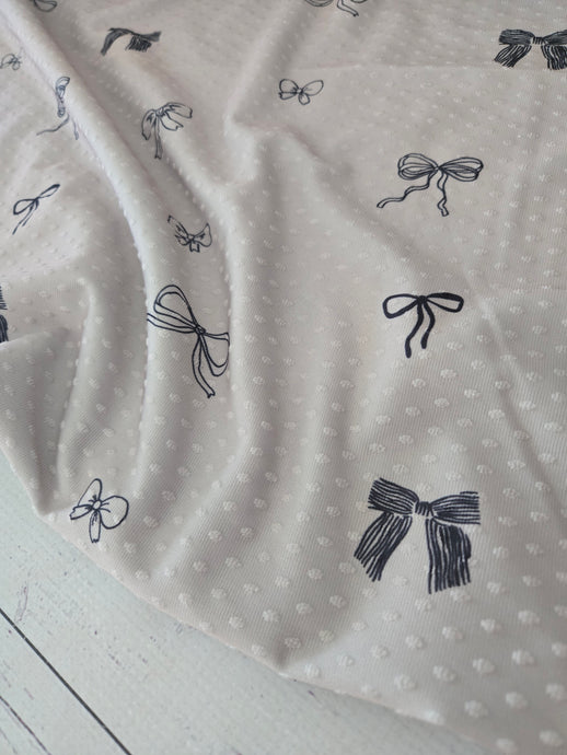 Exclusive Design- Tan & Black Bow Print Swiss Dot Knit {by the half yard}