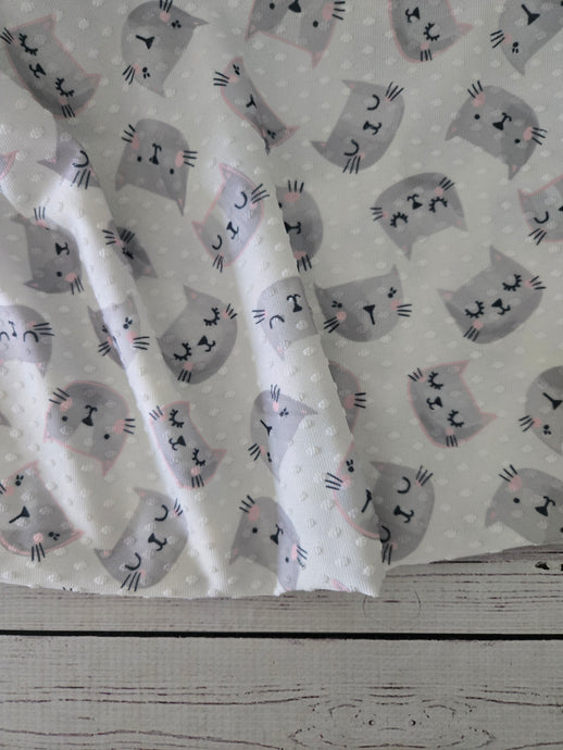 White & Gray Kitten Print Swiss Dot Knit {by the half yard}