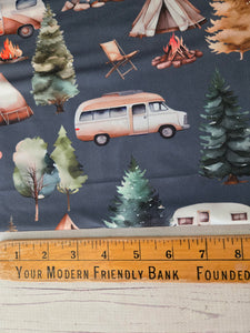 Exclusive Design- Slate Camping Scenes Double Brushed Poly (DBP) Knit {by the half yard}