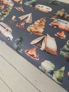 Exclusive Design- Slate Camping Scenes Double Brushed Poly (DBP) Knit {by the half yard}