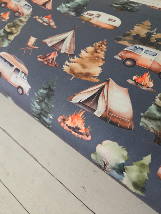 Exclusive Design- Slate Camping Scenes Double Brushed Poly (DBP) Knit {by the half yard}