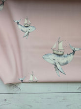 Exclusive Design- Dusty Pink Whale & Ship Print Matte Athletic Knit {by the half yard}