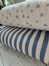 Exclusive Design- Cream & Dusty Blue Stripes Double Brushed Poly (DBP) Knit {by the half yard}