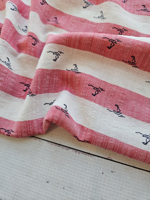 Red & White Stripe Sailboat Print Slubbed Cotton Blend {by the half yard}