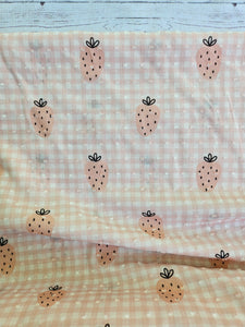 Pink Gingham Strawberry Print Swiss Dot Cotton {by the half yard}