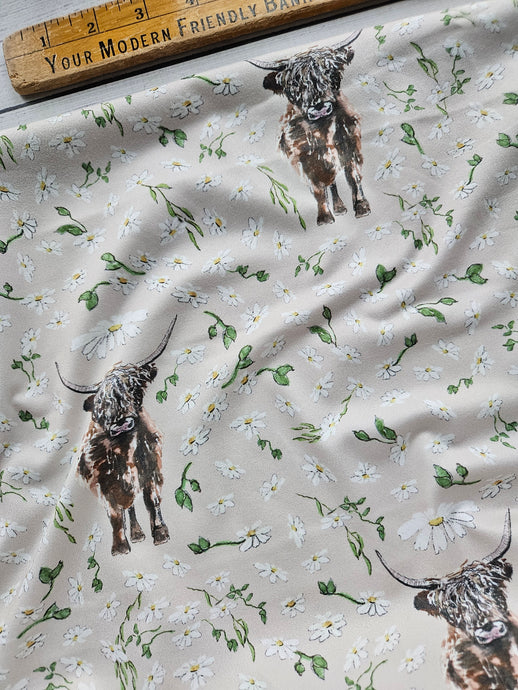 Exclusive Design- Creamy Tan Highlander Cow & Daisy Print Single Brushed Poly Knit {by the half yard}