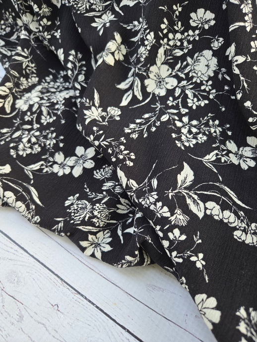 Black & White Vining Floral Rayon Crepe {by the half yard}