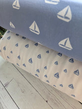 Exclusive Design- Dusty Blue Sailboat Print Double Brushed Poly (DBP) Knit {by the half yard}