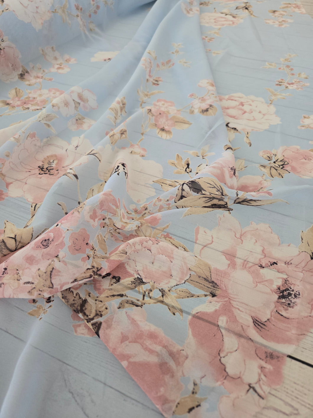 Light Blue & Blush Border Floral Chiffon {by the half yard}